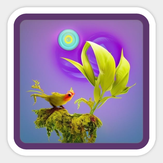 A.I. Generated Alien Plant with Bird and Blue Sun Sticker by Eugene and Jonnie Tee's